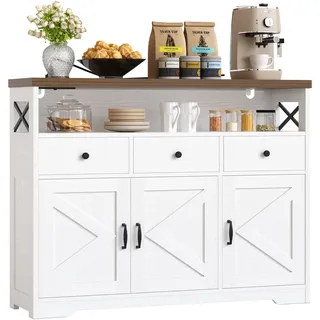 IRONCK Küchenschrank Sideboard mit Steckdose 2AC+1USB+1C, Aufbewahrungsschrank 3 Schubladen 3 Türen, Küchenbuffet Kaffeebar Schrank für Wohnzimmer Esszimmer, verstellbare Ablage 107x35x95cm (Weiß)
