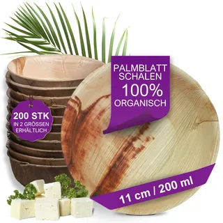 Waipur Bio Palmblatt Schalen - 200 Schälchen Ø 11 cm / 200 ml - Premium Einweg Geschirr kompostierbar - Partygeschirr ähnl. Bambusschalen