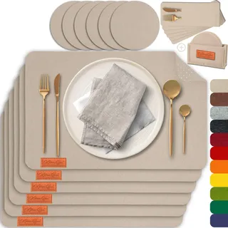 MAHEWA® 6er Set Premium Filz Tischset Platzset mit 6X Glasuntersetzer 1x Halter und 6X Bestecktaschen rutschfest Ab-waschbar Creme-Beige Hellbraun
