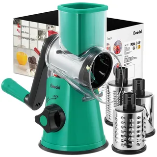 Geedel Käsereibe, Reibe für Gemüse, Gemüseschneider Trommelreibe mit kurbel | 3 Edelstahlklingen, 12x Schneller Schneiden, Starker Saugfuß, Spülmaschinenfest, Ergonomisches, No BPA, für Käse Gemüse Nüsse