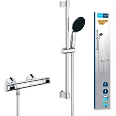 GROHE Precision Flow - Thermostat Brauseset wassersparend ~9l/min (1 Strahlart, Sicherheitssperre bei 38°C, 60cm Brausestange, inkl. Montagewerkzeug), rund, chrom, 34800001