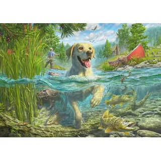 Schmidt Spiele 58557 Mark Frederickson, Hundeliebe, gelber Labrador auf Fischjagd, 1000 Teile Puzzle