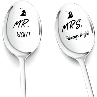 Hochzeitsgeschenke für Brautpaar, 2 Stücke Müslilöffel mit Gravur-Mr. Right & Mrs. Always Right, Lustige Hochzeitstag Jahrestag Geschenke für Partner, kleines Verlobungsgeschenk für Ihn Sie