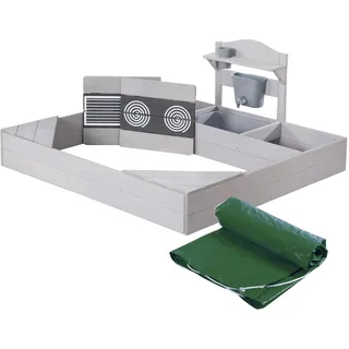 roba Sandkasten aus Holz inkl. Matschküche & Abdeckplane - Sandkiste mit Spielwanne & bedruckten Herdplatten - Wetterfestes Holz grau lasiert