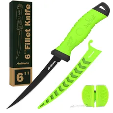 ANTOWIN 15,2 cm Fishing Edelstahl Filetiermesser Set mit Messer-Schärfer, Ergonomischer ABS Griff, Biegsam und Extrem Scharfe Klinge, für Fisch & Fleisch