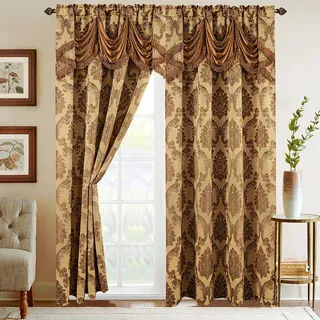 Elegant Comfort Vorhang-Set in Jacquard-Optik mit angenähtem Wasserfall-Volant, 137 x 213 cm, Gold/Taupe