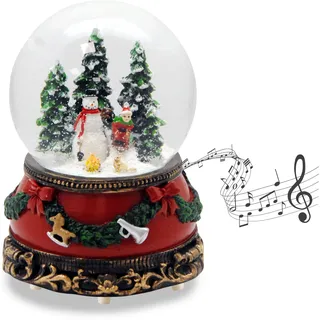 Schneekugel Schneemann Steht Kind auf Schlitten | Sockel Weihnachten rot Tannengirlande | mit Spieluhr | Schüttelkugel Weihnachtsdekoration | B: 10 cm H: 14 cm | 20259