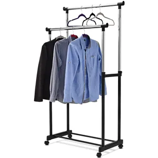 FANTASK Kleiderständer auf Rollen, Garderobenständer mit 2 höhenverstellbaren Kleiderstangen, Kleiderwagen, Rollgarderobe stabil, 86 x 43 x 94-168cm (schwarz)