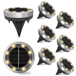 Ayciep Klein Solar Bodenleuchten Aussen, 8 Stück 8 LED Mini Solarleuchten für Außen, Solarlampen für Außen, Led Solar Gartenleuchten, Warmweiß, IP65 Wasserdicht, Edelstahl, Geeignet für Rasen, Gehweg