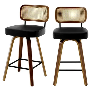 Drehbarer Barhocker 2er Set, 65 cm Sitzhöhe mit Rattanlehne, Kunstleder und 4 Walnussholzbeinen, Mid-Century Tresenstuhl mit Metallfußstütze, Barstuhl für Küche und Theke - Schwarz