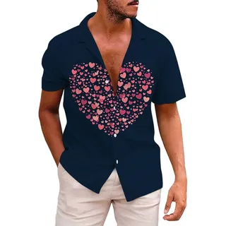 Kurzarm-Hawaiihemd für Herren zum Valentinstag, legeres Beach-Button-down-Hemd für den Sommer mit 3D-gedrucktem Aloha-Muster - Schwarz