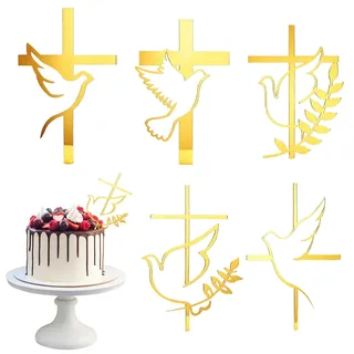 Titel: 5 Stück Goldene Friedenstaube und Kreuz Tortenstecker aus Acryl, für Taufe, Kommunion und religiöse Feiern, dekorativ und langlebig, perfekt für Kuchen und Backwaren