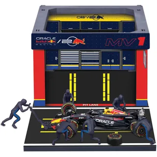 BBURAGO - Pit Stop Red Bull RB20 2024#1 Verstappen, Spielset mit Diorama, 1:43 und 6 Mechanikern, Detailgetreu, Red Bull-Lizenz, Alter 3+