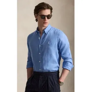 Polo Ralph Lauren für Herren. 710966294519 Maßgeschneidertes Leinenhemd blau (L), Lässig, Langarm