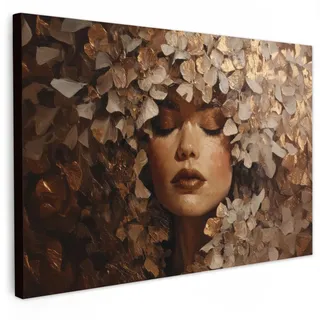 MuchoWow Leinwandbild Gesicht - Dame - Blätter - Pinselstriche Wanddeko 90x60 cm , Goldfarben , Textil , Kiefer , Abstrakt , Rechteckig , 90x60 cm , FSC 100% , gerahmt , Bilder & Rahmen, Bilder, Leinwandbilder