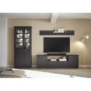 Wohnwand HOME AFFAIRE "Lincoln, moderne Anbauwand, Komplettset im Landhausstil", schwarz matt, B:301cm H:200cm T:42cm, FSC-zertifizierter Holzwerkstoff, Kastenmöbel-Sets, Wohnwand, enthält Vitrine, Lowboard und Wandboard, 301 cm breit