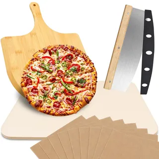JNUYISW Pizzastein Set, 38x30cm Pizza Stein Rechteckig für Backofen, Gasgrill & Grill mit Pizzaschaufel aus Bambus, Pizzamesser, Antihaft-Backpapier Pizza-Zubereitungsset für knusprige Böden