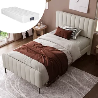 Sweiko Polsterbett Einzelbett mit verstellbarem Kopfteil und Lattenrost, Leinen, 90 x 200 cm, beige(Mit Matratze) - Beige