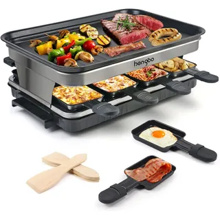 Raclette mit 8 Mini Raclette Pfännchen & 4 Holzspatel, Stufenlos Regulierbare Temperatur, 1500W, Edelstahl - Schwarz