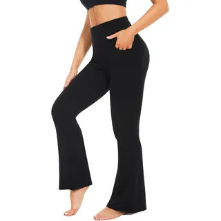 FuelMeFoot Flared Yogahose Damen Leggings High Waist Schlaghose Blickdicht Leggins Bootcut Jogginghose Jazzpants mit Bauchkontrolle Fitness. 1 Pack-01-Schwarz Taschen S