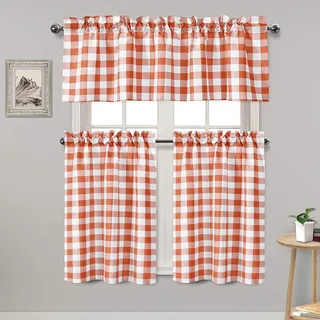 Hiasan 3 Stück halbtransparente Küchenvorhänge, lichtfilternd, Büffelkariert, Etagen- und Volant-Fenstervorhänge, Kürbis-Orange, 60 B x 18 L (1 Panel) + 29 B x 36 L (2 Paneele)
