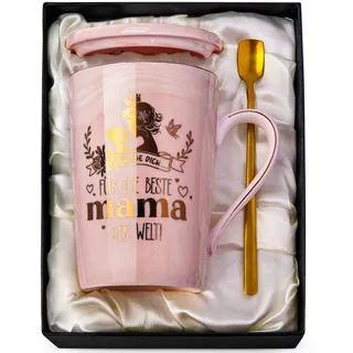 Doublewhale Geschenke für Mama, Beste Mama der Welt Geschenk Tasse, Geburtstagsgeschenk Kaffeetasse, Muttertag Mutter Cup, 14 Oz Rosa Tasse Mit Deckel, Löffel, Grußkarte, Edle Geschenkbox