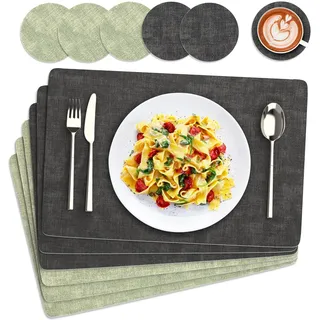 euqvunn Tischsets Abwaschbar und Untersetzer, 6er Set Doppelseitigen PU Platzsets Wasserdicht Rutschfest Hitzebeständig für Küche Innen und Außen(43×30cm-Grau Grün)