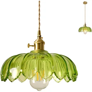 HJXDtech Vintage Glas Pendelleuchte Mit Lotus Blume Lampenschirm, Messing E27-Fassung Mit Schalter, Eleganter Glas Hängelampe für Kücheninsel,Esstisch & Wohnzimmer (Grün)