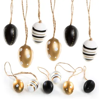 Ostereier-Anhänger, 12er Set: Kleine Osteranhänger aus Plastik, Osterdeko zum Aufhängen, Deko Ostern, Für Osterstrauch, Frühlingsdeko, Schwarz, Weiß & Gold, Modern, Indoor Osterschmuck hängend, 4 cm