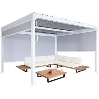 Alu Pergola HWC-L41 mit 3x Seitenwand, Lamellen-Pavillon, stabiles 8cm-Metall-Gestell 3x3,7m weiß - Weiß