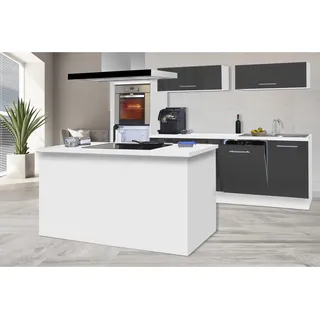 Respekta Premium Inselküche 280 cm Grau Hochglanz-Weiß