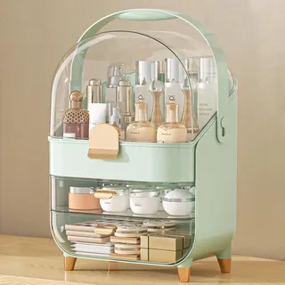 SIOOUI Makeup-Organizer mit Deckel & Schubladen – Kosmetik-Vitrine & Hautpflege-Aufbewahrung mit Staubschutz für Parfüm auf Badezimmerwaschtisch oder Kommode – Grün