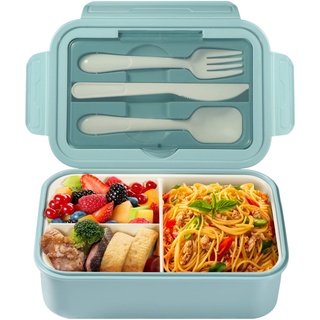 Diboniur Lunchbox Brotdose mit Besteck Erwachsene Kinder 1400ML Bento Box mit Fächern Arbeit Mikrowellengeeignet (Blau)