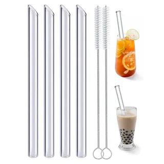 Realure 4 Stück Schräg Glas Strohhalm Wiederverwendbar mit Reinigungsbürsten, 14mm Groß Breite Trinkhalme Glas, Glasstrohhalme 21.5cm für Bubble Tea, Smoothie, Cocktail, Slush, Säfte, Clearwater