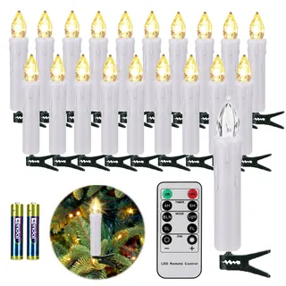 FREEPOWER 20er Weiß LED Christbaumkerzen Kabellos mit Fernbedienung Timer Flackern Dimmbar Warmweiß Weihnachtsbaumkerzen Lichterkette Innen Außen Wasserdicht(mit 20 Batterien)