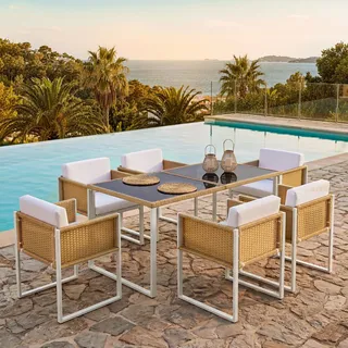 Flieks Gartenlounge-Set Gartenmöbelset 6 Personen, Rattan Terassenmöbel Balkonmöbel 7-tlg., Gartentisch mit Glasplatte, Gartengarnitur Weiß - Weiß