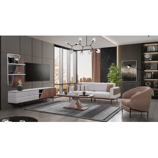 Modernes Wohnzimmer Set 3-Sitzer Couchtisch TV-Ständer Wandregal 5tlg - Grau