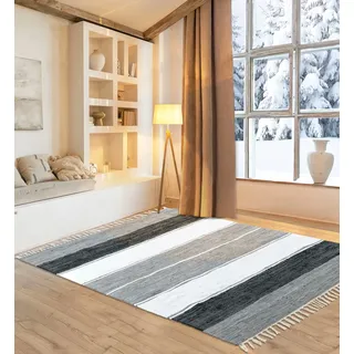 OTTO home Teppich »Alizee« rechteckig 5 mm Höhe Wendeteppich, reine Baumwolle, handgewebt, gestreift, waschbar, modern, schwarz