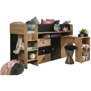 Feldmann-Wohnen Hochbett Smart Artisan Eiche / schwarz 106 / 203 / 125cm Leiter links , Braun, Schwarz , Holz , 4 Fächer , Rechteckig,Rechteckig , 90x200 cm , Babymöbel & Kindermöbel, Kinderzimmer & Jugendzimmer, Kinderbetten, Hochbetten