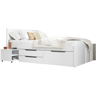 Inter Link -Bett mit Schubladen - Einzelbett 90x200 cm – Kojenbett mit Stauraum – Praktisches Jungendbett – Kiefer massivholz – Weiß lackiert – Inkl Lattenrost – Efetivo 90x200cm