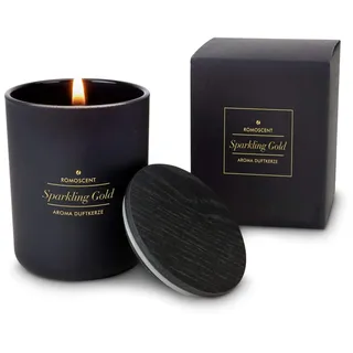 Römer Wellness Geschenkartikel: ROMOSCENT Aromakerze Sparkling Gold im edlen, schwarzen Glas mit Holzdeckel; Duftkerze für Drinnen und Draußen; Maße: ca. 6 x 6 x 8 cm