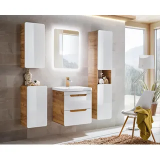 Design Bad Badezimmer Möbel 5tlg. Set Garnitur Schrank Waschbecken Beleuchtung - Weiß, Braun
