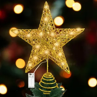 Weihnachtsbaumspitze Stern LED,Christbaumspitze 20 * 25 * 5.5cm,Gold Stern Mit Glitzer, Weihnachtsbaumspitze für Weihnachten Party Drinnen Draußen Dekoration