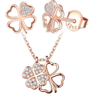 Yumilok Damen Schmuckset Kleeblatt Anhänger Ohrstecker Halskette Ohrringe Kette Set Schmuck Set 925 Sterling Silber für Frauen