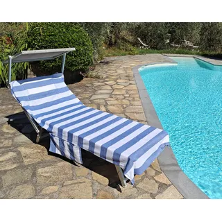 Vico Casa® Strandtuch für Sonnenliege VERSILIA 75x195cm aus Baumwolle, Streifendesign/Strandtuch mit Kissen, Taschen und Tragetasche/Blau und Weiß