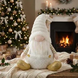 Valery Madelyn Weihnachtswichtel für Weihnachtsdeko,23cm Weihnachtsgnom Weiß Gold,Biegsamer Hut,Deko Weihnachten Zwerg für Fensterbank Tür Innen