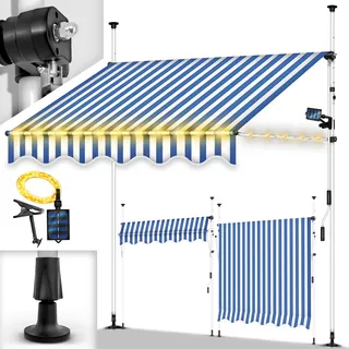 tillvex Klemmmarkise 350 cm Blau/Weiß mit Solar LED mit Handkurbel Balkon | Balkonmarkise ohne Bohren | Markise UV-beständig & höhenverstellbar | Sonnenschutz wasserdicht - Blau, Weiß