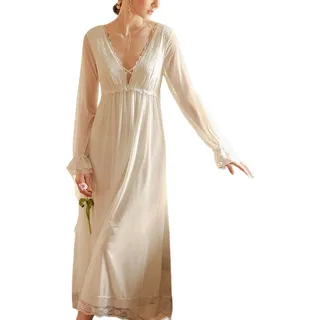 YAROVA Damen Nachthemden - Einfaches Nachthemd Frauen Vintage Spitze Ärmel Frühling Herbst Französisch Stil Retro Nachthemden Langärmelige Prinzessin Pyjamas Lange Nachtwäsche