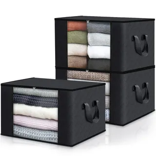 Fab totes 3er Pack Kleideraufbewahrung, faltbare Decken-Aufbewahrungstaschen, Aufbewahrungsbehälter für die Organisation von Schlafzimmer, Organisation und Aufbewahrung mit Deckel und Griff, schwarz