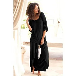 Pyjama LASCANA, Damen, Gr. 52/54, schwarz, Single Jersey, Obermaterial: 100% Viskose, unifarben, loose fit lang, tiefer Rundhals, Raglanärmel elastischer Bund mit innenliegendem Gummizug, Homewear-Sets Pyjama, Hose in edler Layeroptik, Topseller